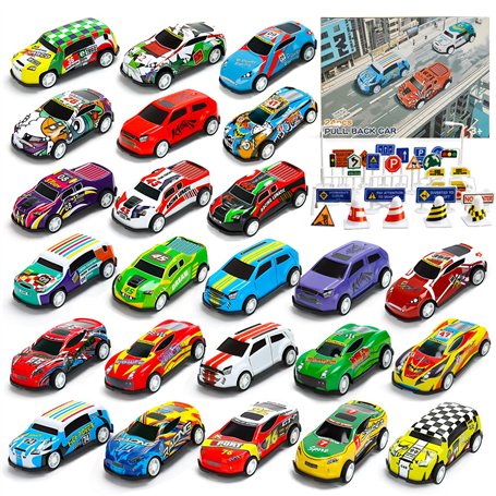 MUXIWOM Voiture Enfant 24 Pièces Petites Voitures Jouets en Métal avec Barrage Routier & Tapis de Jeu 6