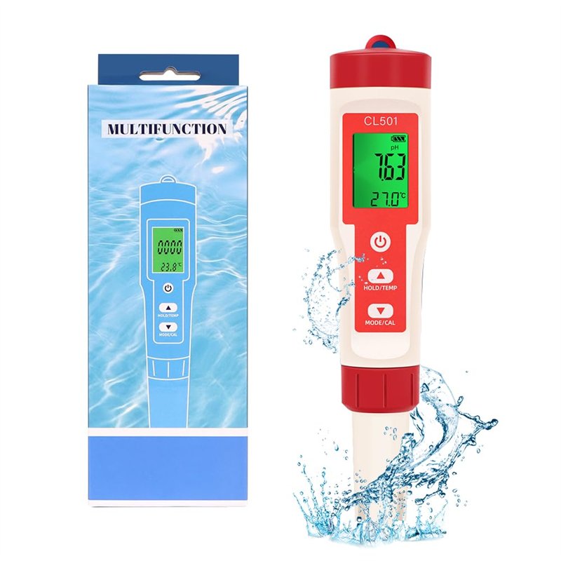 Testeur PH 5 En 1 Piscine - Mesure PH Chlore ORP H2 Température, Analyseur Eau Portable Écran LCD