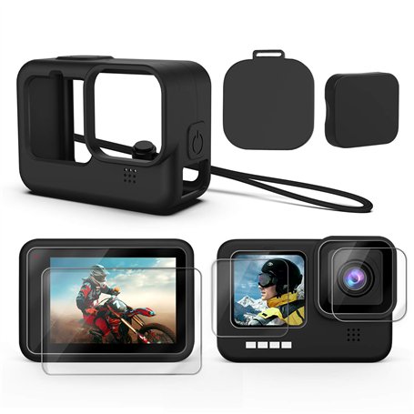 Kit d'accessoires pour GoPro Hero 9 Noir Housse de Protection en Silicone avec Bouchon en Caoutchouc + 6 protecteurs d'écran en