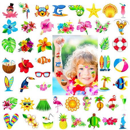 Konsait 96 Pcs Piscine de plage d'été Hawaiian Luau Faux Tatouages Temporaires Tattoos Tatouages Éphémères Autocollants pour enf