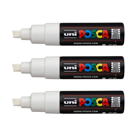 POSCA - Uni Mitsubishi Pencil - 3 Marqueurs Blanc PC8K - Pointe Biseautée Pointe Large 8 mm - Marqueur Peinture À Base d'Eau - T