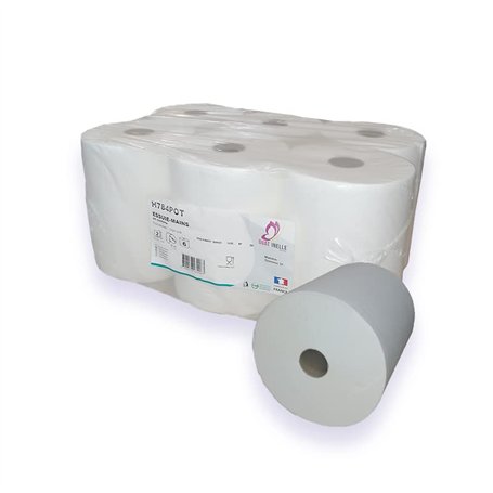 Ouatinelle Essuie-Mains Pure ouate gaufré Blanc 2x20g/m² - Pack de 6 Rouleaux - 2 Plis - 90m en continu - Largeur 20cm - Certifi