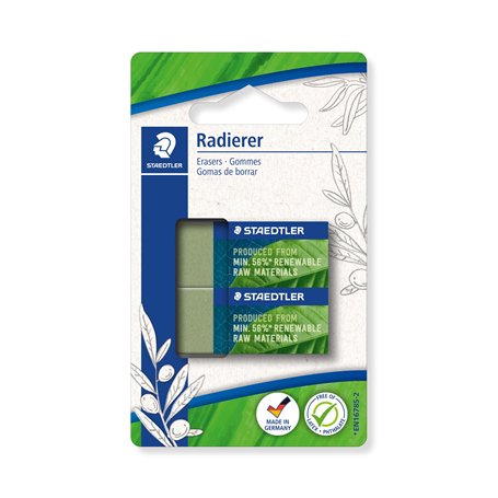Staedtler - 526 80 - Blister 2 gommes vert olive sans latex 40 x 19 x 13 mm - Composée à 56% de matériaux naturels et renouvelab