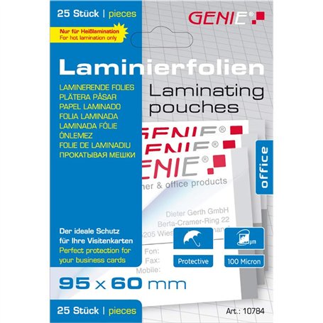 Genie 10784 pochettes à plastifier 100 microns pour format carte de visite 95 x 60 mm-lot de 25–compatibles avec toutes les plas
