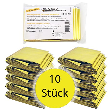 Lot de 10 couvertures de survie 210 x 160 cm en cas d'urgence et de premiers soins (Argenté/doré)