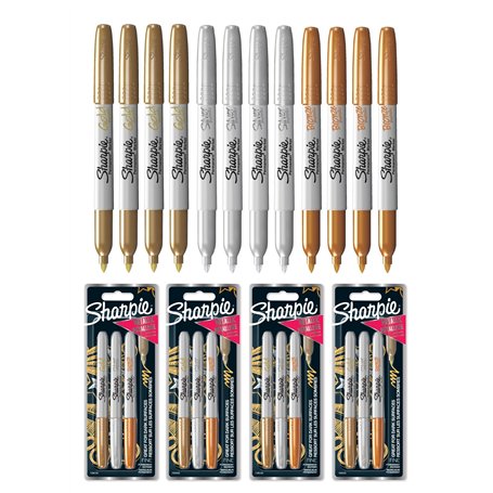 Sharpie Lot de 12 Marqueurs permanents Métallisés Pointe Fine Couleurs Métalliques Assortis Or Argent Bronze