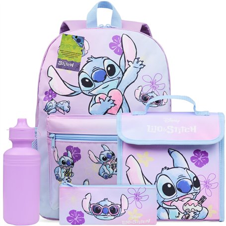 Disney Stitch Sac a Dos Set 4 Pièces avec Bouteille d'eau Trousse Kawaii Sac a Lunch Cartable Fille Fournitures Scolaires