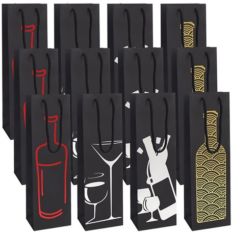 BELLE VOUS Sac Cadeau Bouteille de Vin Noir (Lot de 12) - 4 Motifs - Etui Cadeau Bouteille avec Poignées à Corde - Emballage Cha