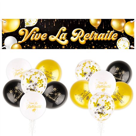 Banderole Vive La Retraite et 12PCS Ballons avec Ruban de Soie Bannière Retirement Décoration pour Fête de Retirement Banderole