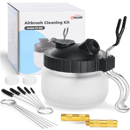 Oasser 20 Pcs Kit de Nettoyage pour Aérographe Comprenant 1 Pot de Nettoyage et 8 Filtres en Coton avec Support 5 Brosses de Net