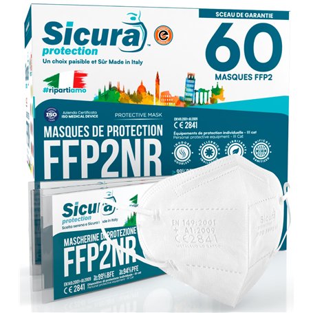 60 masques FFP2 blanc certifié CE Fabriqué en Italie Sicura BFE ≥99% SANITIZÉ et scellé individuellement EN 149:2001+A1:2009