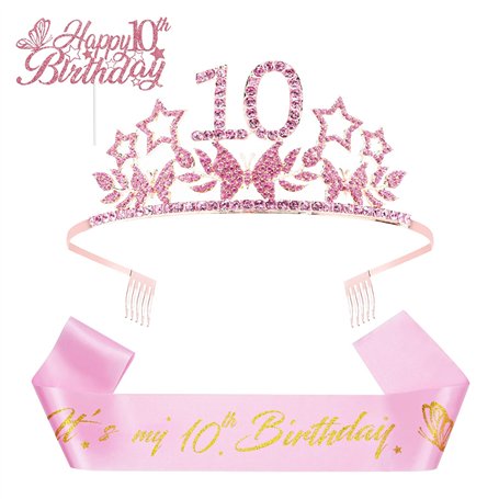 olyee Couronne Anniversaire 10 Ans avec Écharpe Satin Happy Birthday et Cake Topper Anniversaire Glitter Rose Or Décoration de G