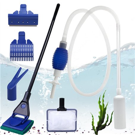 WEGREAT Kit de nettoyage d'aquarium 5 en 1 : kit de nettoyage d'aquarium avec siphon de changement d'eau et 5 outils de nettoyag