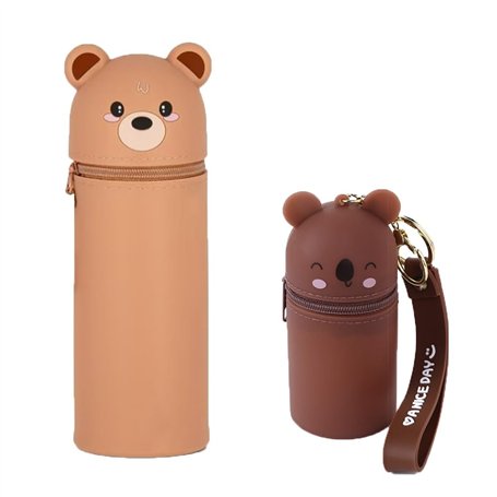 XFSRG 2 Pièces Trousse Crayon Petit Ours 2 en 1 Silicone Souple Kawaii Accessoire Bureau Cute Trousse pour Garçons Filles Cadeau