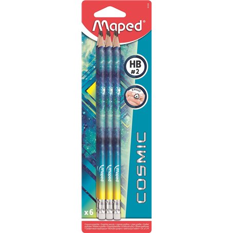 Maped - Crayons Graphite HB #2 Black'Peps Tatoo Cosmic Teens - à Papier en Bois Avec Gomme - Forme Ergonomique - 6 Coloris Aléat
