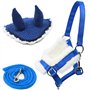 Hobby Horse Ensemble d'accessoires Licol moumoute Bleu avec Longe et Bonnet Anti-Insectes Bleu pour activité de Hobby Horsing.