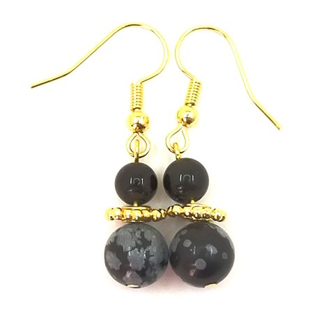 Paire de boucles d'oreilles pendantes avec pierres véritables d'obsidienn "oeil céleste" et obsidienne neige. Montage plaqué or