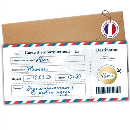 Carte à gratter voyage surprise - Carte embarquement personnalisable à offrir - Billet avion annonce cadeau - Carte anniversaire