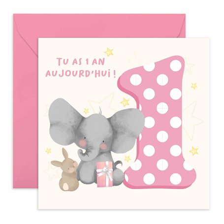 Central 23 Carte 1er Anniversaire Pour Bébé Fille – 1 An Aujourd'hui – Lapin Éléphant – Carte Anniversaire 1 An Pour Enfant Peti