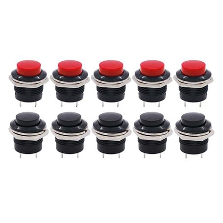 Lot de 10 interrupteurs momentanés à bouton-poussoir momentané - 16 mm - Rouge et noir - 3 A 250 V CA - 2 pôles - Mini interrupt