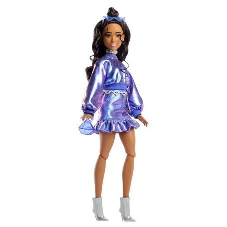 Barbie - Poupée Deluxe Style - Haut et jupe bleu métallisé - Brune - Barbie - JFP42