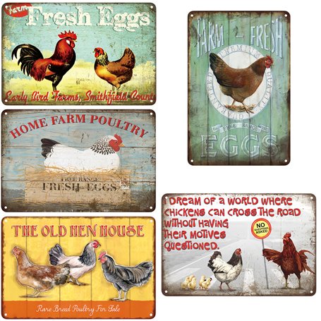 Lot de 5 plaques en tôle rétro avec accessoires : 20 x 30 cm - Pour poulailler - Décoration de ferme - Style maison de campagne