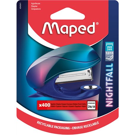 Maped - Agrafeuse Nightfall - Attache jusqu’à 15 feuilles - Agrafes 24/6 et 26/6 - Mécanisme métal - Blister avec 400 agrafes 40