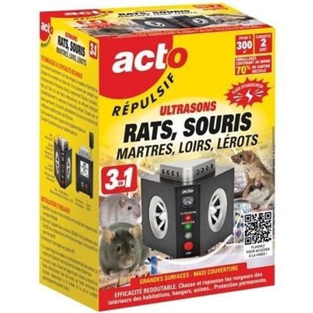 Répulsif ultrasons - ACTO - 3 en 1 - Maxi couverture grand angle - 300m² - Rats - Souris - Martres - Loirs - Lérots