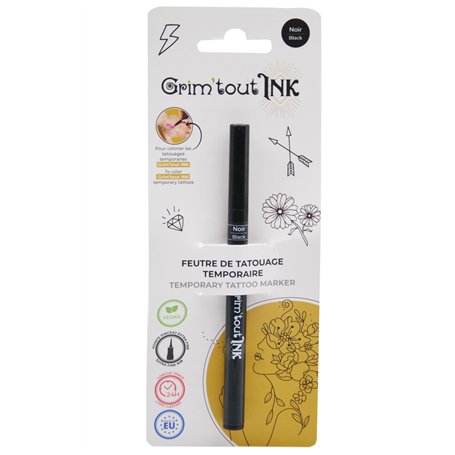 Grim'Tout - Feutre de Tatouage Temporaire Noir - Encre Sans Danger pour la Peau - Vegan - Pointe Extra-fine - Longue Tenue - Loi