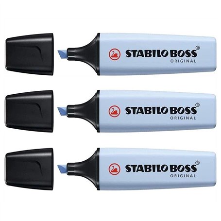 STABILO Lot de 3 Surligneurs BOSS ORIGINAL Pastel pointe biseautée 2-5 mm bleu pastel