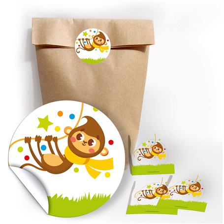 Lot de 12 sachets en papier kraft avec 12 autocollants « Singe » pour cadeaux ou petits cadeaux pour anniversaire d'enfant