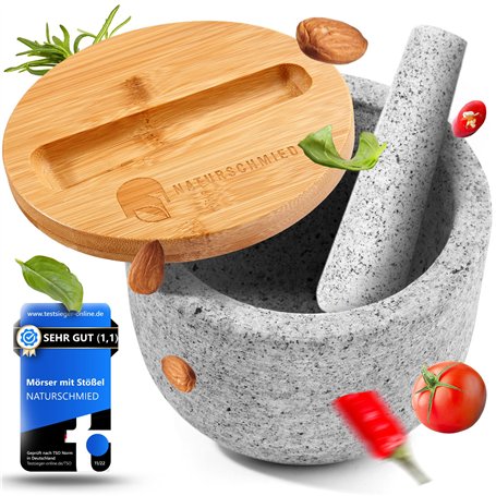 NATURSCHMIED Mortier avec pilon et couvercle – Fermeture AirProof 2.0 + tampon SolidStand | 750 ml – Mortier en granit gris clai