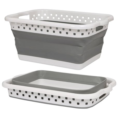Harbour Housewares 42L Panier à Linge Pliable - Blanc/Gris - 1x Grand Plastique Pliant Surgir Gain de Place Lavage Stockage Vête