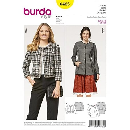 Burda Patron de couture 6465 pour veste sans col pour femme