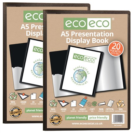 eco-eco Eco001x2 Lot de 2 porte-vues A5 50% recyclé avec 20 pochettes en plastique Noir