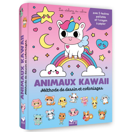 Animaux kawaii - Méthode de dessin et coloriages - pochette 5 feutres pailletés et 1 crayon à papier