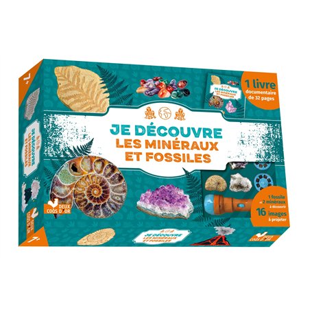 Je découvre les minéraux et fossiles - coffret avec lampe et kit excavation
