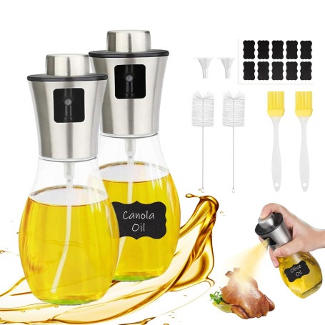 Behiruch Lot de 2 pulvérisateurs d'huile pour huile alimentaire, en verre, 2 x 200 ml, vaporisateur d'huile pour la cuisson, vap
