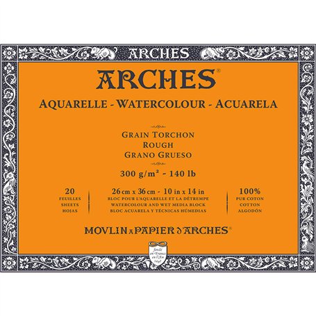 ARCHES Aquarelle - Bloc 20 feuilles 26x36 collé 4 côtés - 300g/m² - grain torchon