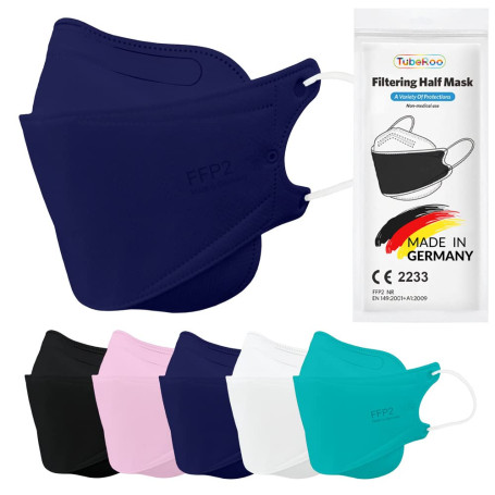 TubeRoo Lot de 10 masques FFP2 - Bleu foncé - En forme de poisson - Fabriqué en Allemagne - Certifié CE - Boucles d'oreilles sou