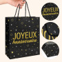 Sac Cadeau Anniversaire Noir Or avec 2 Feuilles Papiers de Soie Pochette Cadeau Joyeux Anniversaire