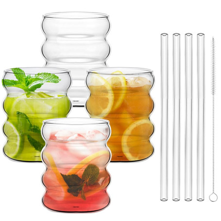 DTYGUIXE 4PCS Tasse à Café en Verre Verres à Boissons Ondulés Verre à Cocktail Verres à Boire Nervurés Tasse en Verre à Rayures