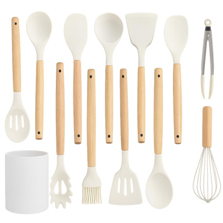 KAIYAYA Ustensiles de Cuisine Silicone 12 Pièces Lot Ustensile Cuisine avec Poignée en Bois Ustensiles Cuisine Antiadhésive Sans