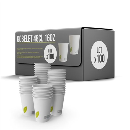 SPARKLERS CLUB Lot de 100 Gobelets 48cl /16oz Jetables en Carton Blanc 100% Biodégradable - Gobelet à café en papier 480ml Thé e
