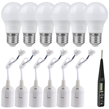 Sporgo Kit d'éclairage E27 : 6 douilles et 6 ampoules LED 5W 6500K blanc froid - Douille E27 avec câble et testeur de tension -