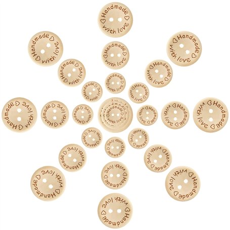 Pinowu 150pcs boutons ronds en bois faits à la main avec amour pour décoration artisanale 2 trous 15-20-25mm