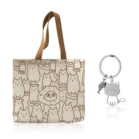 1 Sac En Toile Motif Chat Et 1 Porte-Clés