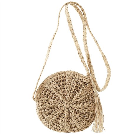 MEMOFYND 1 sac rond en paille - Sac à bandoulière bohème tressé - Sac de plage simple - Sac à main à pompons - Convient pour les