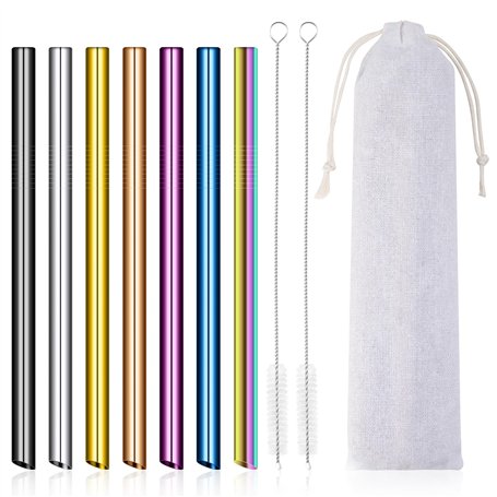 Pailles Bubble Tea Réutilisables Lot de 7 Acier Inoxydable Pailles à Boire en Métal Extra Larges 10mm Design Pointu avec 2 Bross