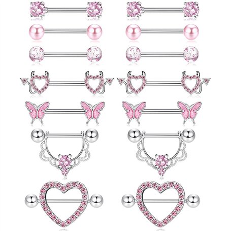 XFSRG Kit Piercings 7 Paires de Piercing Tétons Femme en Acier Chirurgical 14G et Piercing Langue avec Zirconia Rose Papillon Cœ